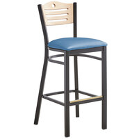 Lancaster Table & Seating Natural Finish Bar Height Bistro Chair with 2 inch Blue Padded Seat - Detached Seat