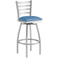 Lancaster Table & Seating Clear Coat Ladder Back Swivel Bar Height Chair with Blue Padded Seat