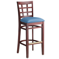 Lancaster Table & Seating Mahogany Finish Wooden Window Back Bar Height Chair with Blue Padded Seat - Detached Seat