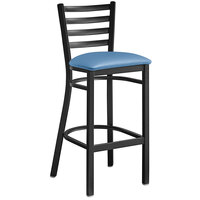 Lancaster Table & Seating Black Finish Ladder Back Bar Stool with 2 1/2" Blue Vinyl Padded Seat