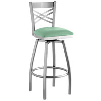 Lancaster Table & Seating Clear Coat Cross Back Swivel Bar Height Chair with Seafoam Padded Seat