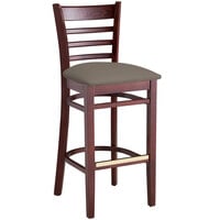 Lancaster Table & Seating Mahogany Finish Wooden Ladder Back Bar Height Chair with Taupe Padded Seat - Detached Seat