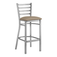 Lancaster Table & Seating Clear Coat Finish Ladder Back Bar Stool with 2 1/2" Taupe Vinyl Padded Seat - Assembled