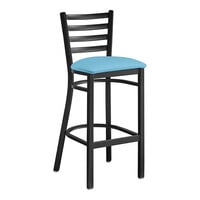 Lancaster Table & Seating Black Finish Ladder Back Bar Stool with 2 1/2" Blue Vinyl Padded Seat - Assembled