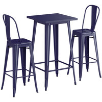 Lancaster Table & Seating Alloy Series 24" x 24" Navy Outdoor Bar Height Table with 2 Metal Cafe Bar Stools