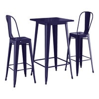 Lancaster Table & Seating Alloy Series 23 1/2" x 23 1/2" Navy Bar Height Outdoor Table with 2 Cafe Barstools