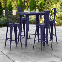 Lancaster Table & Seating Alloy Series 32 inch x 32 inch Navy Outdoor Bar Height Table with 4 Metal Cafe Bar Stools