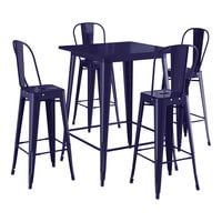 Lancaster Table & Seating Alloy Series 31 1/2" x 31 1/2" Navy Bar Height Outdoor Table with 4 Cafe Barstools