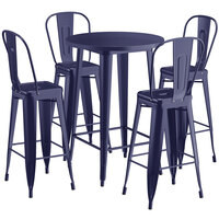 Lancaster Table & Seating Alloy Series 30 inch Round Navy Outdoor Bar Height Table with 4 Metal Cafe Bar Stools