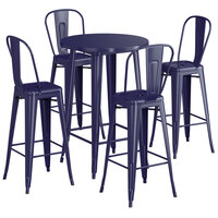 Lancaster Table & Seating Alloy Series 30" Round Navy Outdoor Bar Height Table with 4 Metal Cafe Bar Stools
