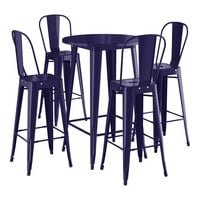 Lancaster Table & Seating Alloy Series 30" Round Navy Bar Height Outdoor Table with 4 Cafe Barstools