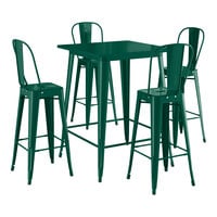 Lancaster Table & Seating Alloy Series 31 1/2" x 31 1/2" Emerald Green Bar Height Outdoor Table with 4 Cafe Barstools