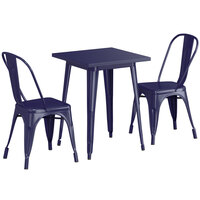 Lancaster Table & Seating Alloy Series 24" x 24" Navy Dining Height Outdoor Table with 2 Industrial Cafe Chairs
