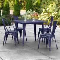 Lancaster Table & Seating Alloy Series 36 inch x 36 inch Navy Dining Height Outdoor Table with 4 Industrial Cafe Chairs