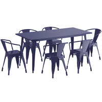 Lancaster Table & Seating Alloy Series 63 inch x 32 inch Navy Dining Height Outdoor Table with 6 Arm Chairs