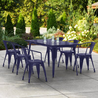 Lancaster Table & Seating Alloy Series 63 inch x 32 inch Navy Dining Height Outdoor Table with 6 Arm Chairs