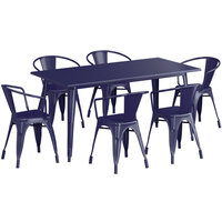 Lancaster Table & Seating Alloy Series 63" x 32" Navy Dining Height Outdoor Table with 6 Arm Chairs
