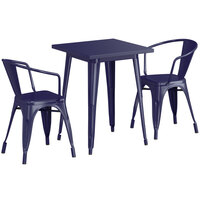 Lancaster Table & Seating Alloy Series 24" x 24" Navy Dining Height Outdoor Table with 2 Arm Chairs