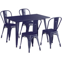 Lancaster Table & Seating Alloy Series 48 inch x 30 inch Navy Dining Height Outdoor Table with 4 Industrial Cafe Chairs