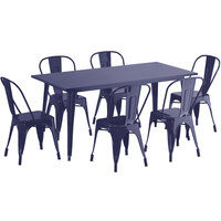 Lancaster Table & Seating Alloy Series 63 inch x 32 inch Navy Dining Height Outdoor Table with 6 Industrial Cafe Chairs