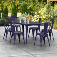 Lancaster Table & Seating Alloy Series 63 inch x 32 inch Navy Dining Height Outdoor Table with 6 Industrial Cafe Chairs
