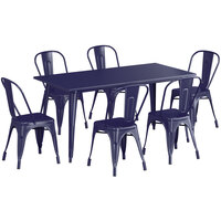 Lancaster Table & Seating Alloy Series 63" x 32" Navy Dining Height Outdoor Table with 6 Industrial Cafe Chairs