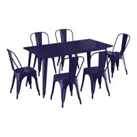 Lancaster Table & Seating Alloy Series 63" x 31 1/2" Navy Standard Height Outdoor Table with 6 Cafe Chairs