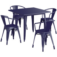 Lancaster Table & Seating Alloy Series 36" x 36" Navy Dining Height Outdoor Table with 4 Arm Chairs