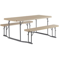 Lancaster Table & Seating 30 inch x 71 inch Rectangular Brown Faux Wood Folding Picnic Table with Attached Benches