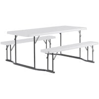 Lancaster Table & Seating 30 inch x 71 inch Rectangular White Plastic Folding Picnic Table with Attached Benches