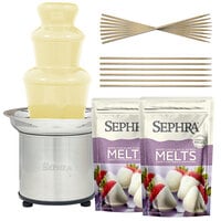 Sephra Select 16 inch Chocolate Fountain Package with White Chocolate Melts and Bamboo Skewers - 120V, 180W