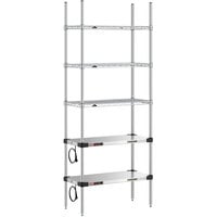 Metro Super Erecta 14" x 30" Stainless Steel Takeout Station with 2 Heated Shelves, 3 Chrome Shelves, and 74" Chrome Posts