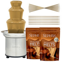 Sephra Select 16 inch Chocolate Fountain Package with Salted Caramel Chocolate Melts and Bamboo Skewers - 120V, 180W