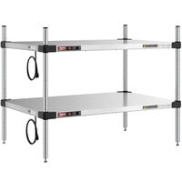Metro Super Erecta 24 inch x 36 inch Stainless Steel Countertop 2-Shelf Heated Stainless Steel Takeout Station with 27 inch Chrome Posts