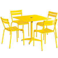 Lancaster Table & Seating 36 inch x 36 inch Yellow Powder-Coated Aluminum Standard Height Outdoor Table with Umbrella Hole and 4 Side Chairs
