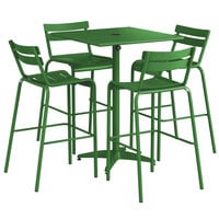 Lancaster Table & Seating 32 inch x 32 inch Green Powder-Coated Aluminum Bar Height Outdoor Table with Umbrella Hole and 4 Barstools