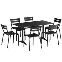 Lancaster Table & Seating 32 inch x 60 inch Black Powder-Coated Aluminum Standard Height Outdoor Table with Umbrella Hole and 6 Side Chairs