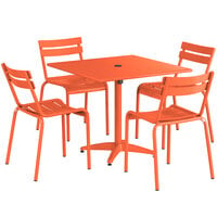 Lancaster Table & Seating 36" x 36" Orange Powder-Coated Aluminum Standard Height Outdoor Table with Umbrella Hole and 4 Side Chairs