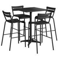 Lancaster Table & Seating 32 inch x 32 inch Black Powder-Coated Aluminum Bar Height Outdoor Table with Umbrella Hole and 4 Barstools