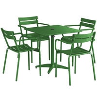 Lancaster Table & Seating 32" x 32" Green Powder-Coated Aluminum Standard Height Outdoor Table with Umbrella Hole and 4 Arm Chairs