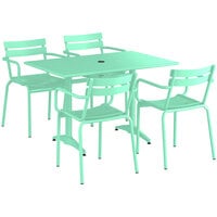 Lancaster Table & Seating 32" x 48" Seafoam Powder-Coated Aluminum Standard Height Outdoor Table with Umbrella Hole and 4 Arm Chairs