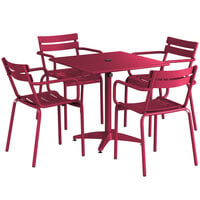 Lancaster Table & Seating 32 inch x 32 inch Sangria Powder-Coated Aluminum Standard Height Outdoor Table with Umbrella Hole and 4 Arm Chairs