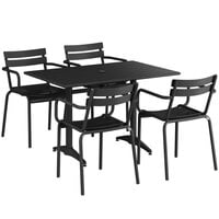 Lancaster Table & Seating 32 inch x 48 inch Black Powder-Coated Aluminum Standard Height Outdoor Table with Umbrella Hole and 4 Arm Chairs