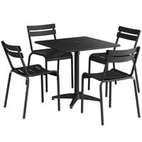 Lancaster Table & Seating 32" x 32" Black Powder-Coated Aluminum Standard Height Outdoor Table with Umbrella Hole and 4 Side Chairs