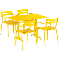 Lancaster Table & Seating 32 inch x 48 inch Yellow Powder-Coated Aluminum Standard Height Outdoor Table with Umbrella Hole and 4 Arm Chairs