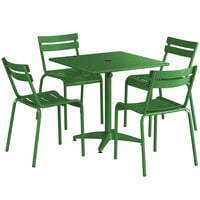 Lancaster Table & Seating 32" x 32" Green Powder-Coated Aluminum Standard Height Outdoor Table with Umbrella Hole and 4 Side Chairs