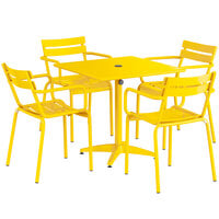 Lancaster Table & Seating 32 inch x 32 inch Yellow Powder-Coated Aluminum Standard Height Outdoor Table with Umbrella Hole and 4 Arm Chairs
