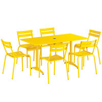 Lancaster Table & Seating 32 inch x 60 inch Yellow Powder-Coated Aluminum Standard Height Outdoor Table with Umbrella Hole and 6 Side Chairs