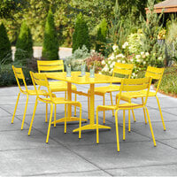 Lancaster Table & Seating 32 inch x 60 inch Yellow Powder-Coated Aluminum Standard Height Outdoor Table with Umbrella Hole and 6 Side Chairs