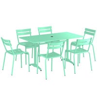 Lancaster Table & Seating 32" x 60" Seafoam Powder-Coated Aluminum Standard Height Outdoor Table with Umbrella Hole and 6 Side Chairs